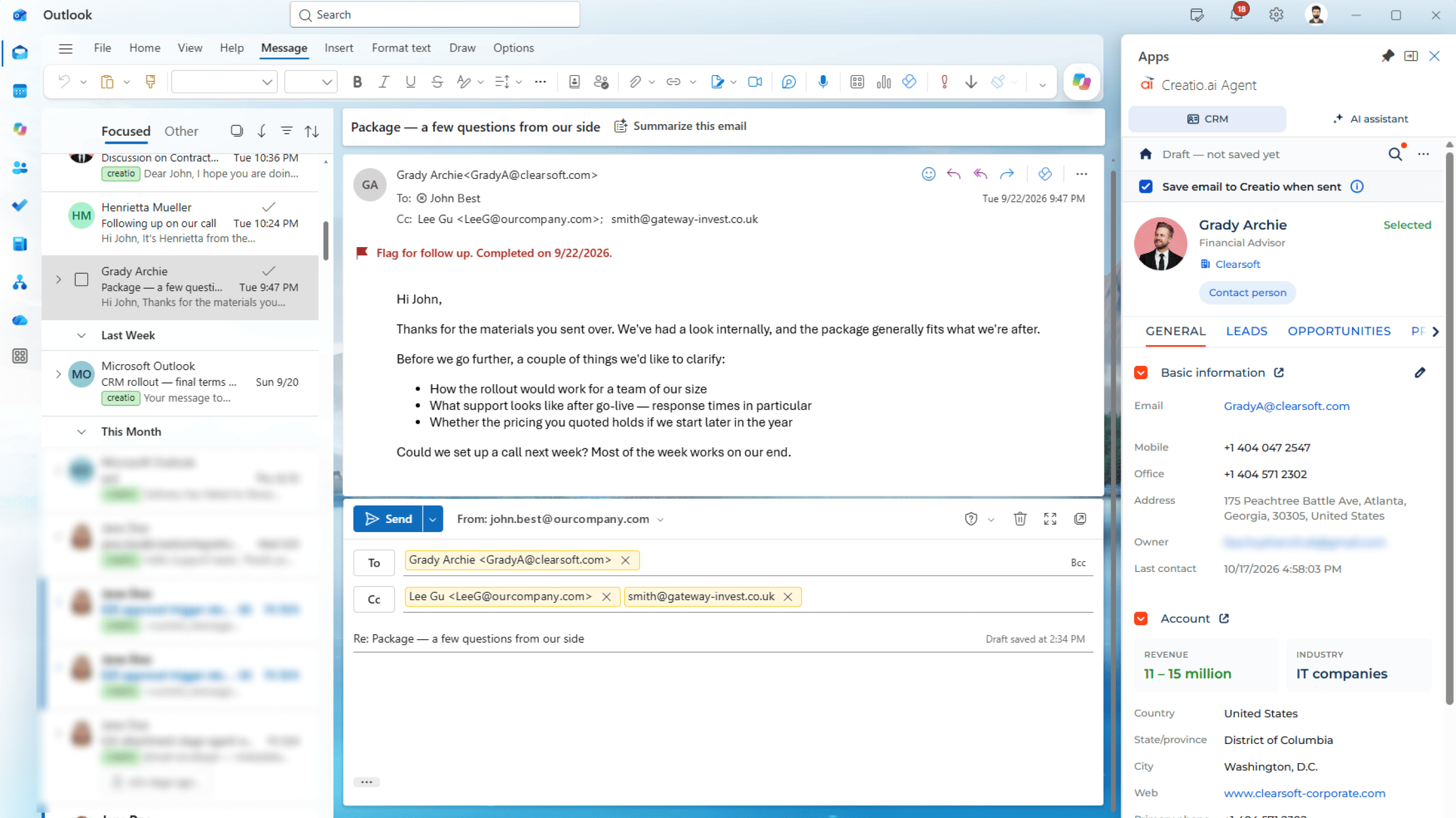 Fig. 5 Save email to Creatio when sent checkbox