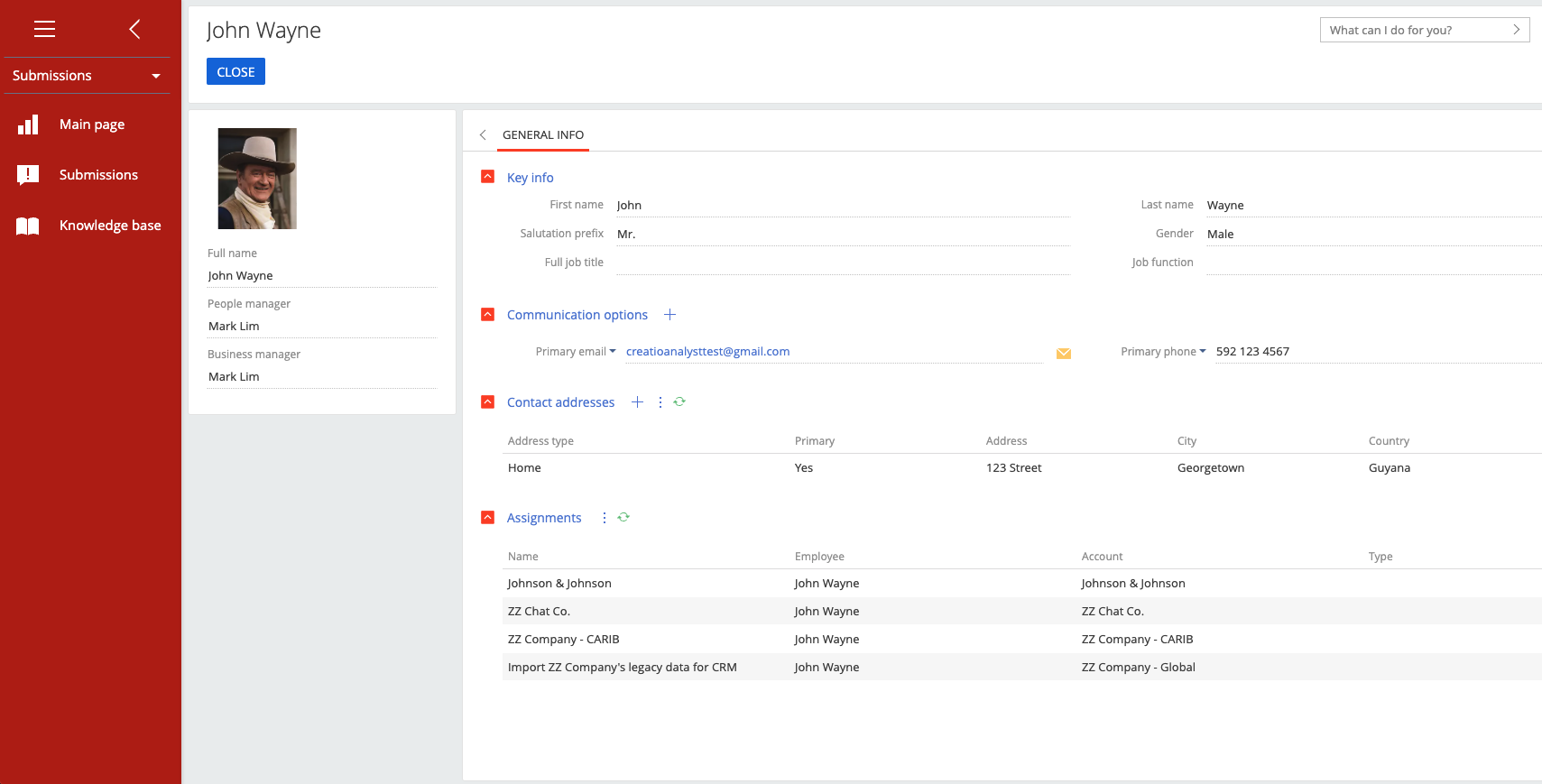 Image of a Creatio Portal UI page that shows the user's name, address and communication options.
