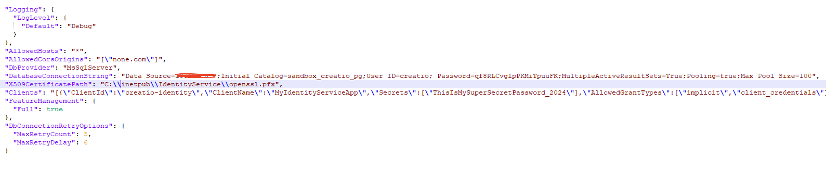 Screenshot of appsettings.json