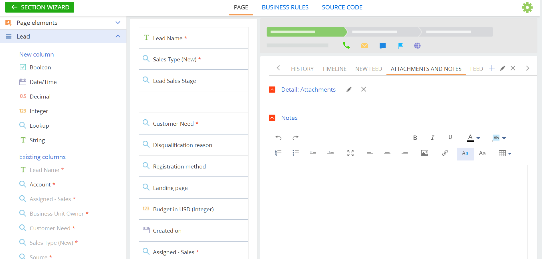 Section Wizard page for Leads