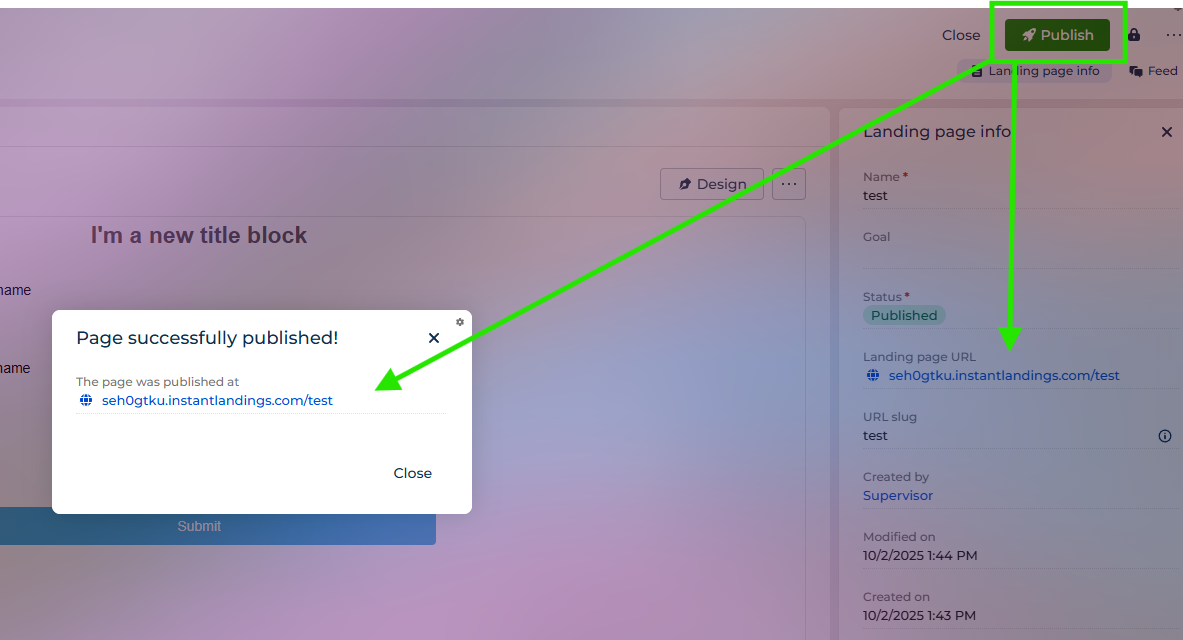 landing page URL