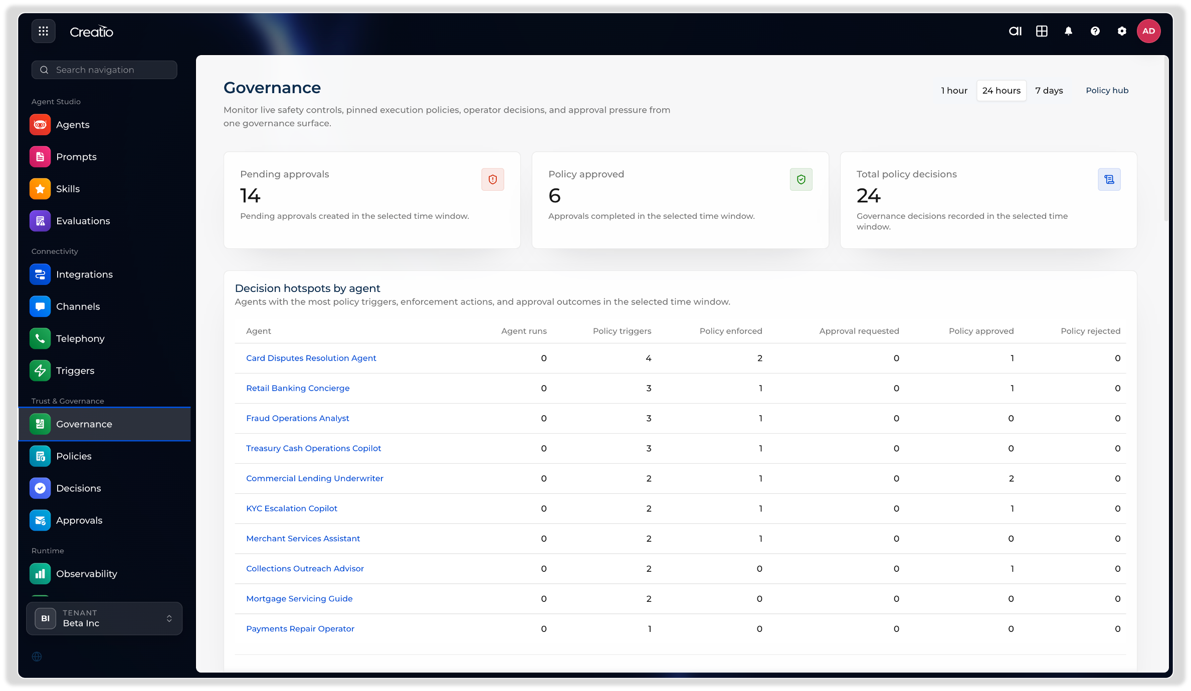 Creatio AI Studio screen showing centralized AI governance policies
