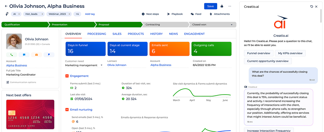 Creatio CRM sales workspace
